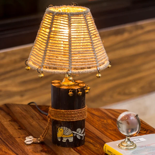 'The Jute-Shade Log' Madhubani Hand-Painted Table Lamp In Wood